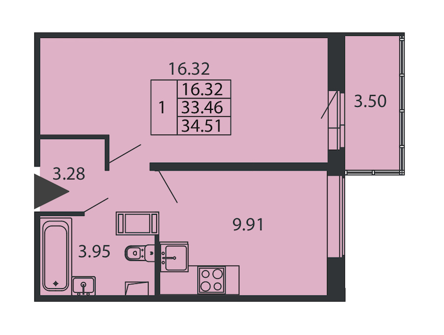 1-комнатная квартира 33.46 м², 12/12 эт., ЖК «Полис ЛАВрики»